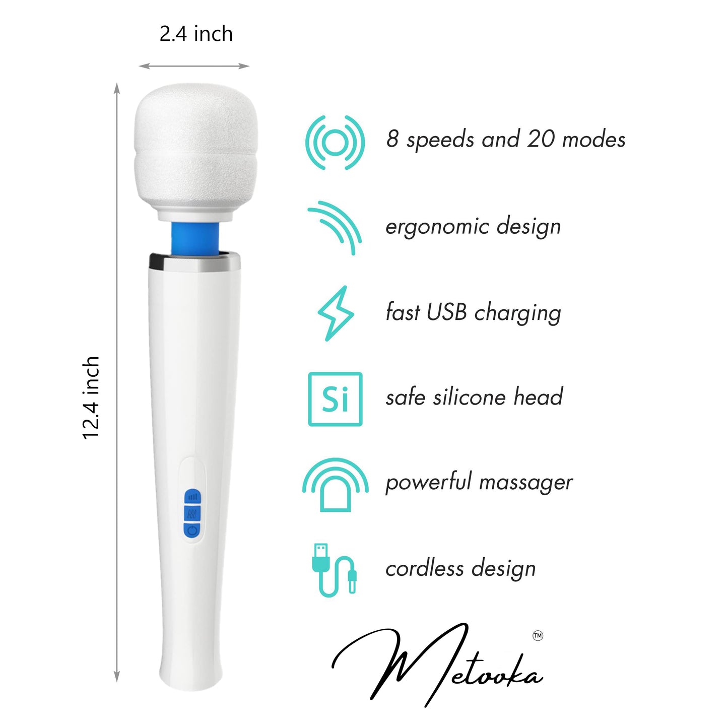 Therapeutic Personal Massager - Handheld Cordless and Powerful Wand - 8 Speeds 20 Vibrating Patterns - USB Rechargeable - Magic Recovery Effect for Women and Men, Body, Neck, Back & Shoulders (UPC: 084282637093)
